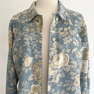 Floral Denim Jacket Coat 90s Y2K Made in USA Coldwater Creek Blue White